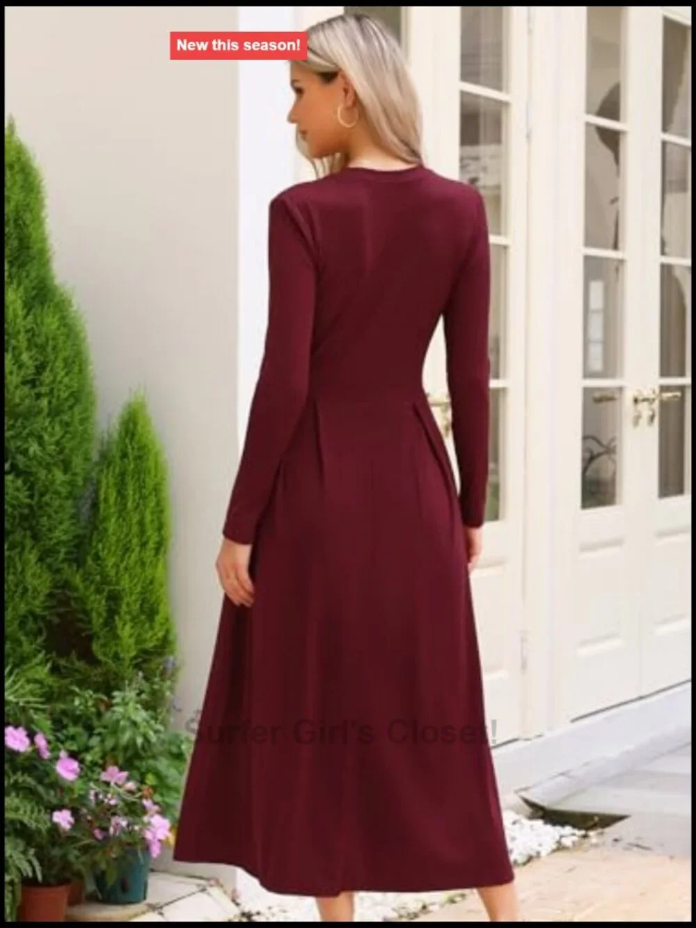Long Sleeve Maxi Dress A-Line Crew Neck Pleated Formal Casual